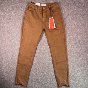 Q2 Jeans Womens Sz 10 Brown Skinny Destroyed Hem Stretch Denim, Fits 28x28.5 NEW